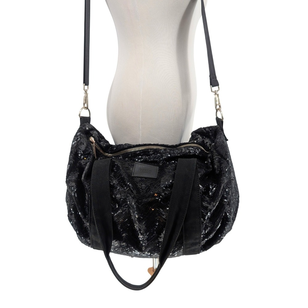 PINK Victorias Secret Duffle Bag Large Black Sequin Chevron Crossbody Gym Bling